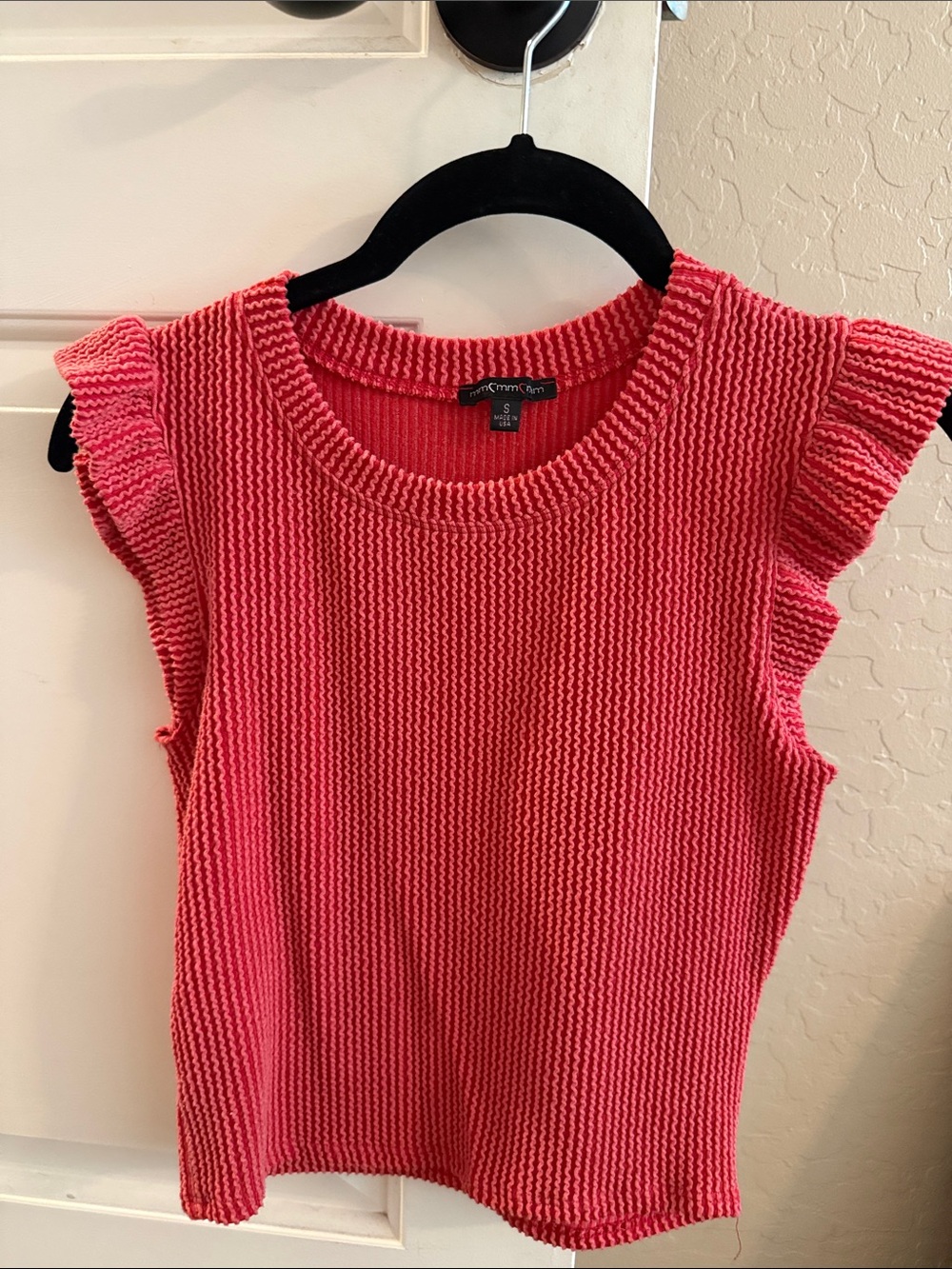 Red Textured Knit Ruffle Sleeve Tank